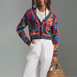 Farm Rio Sunny Daisies Knit Cardigan Sweater M Colorful Floral NWT Boho Festival